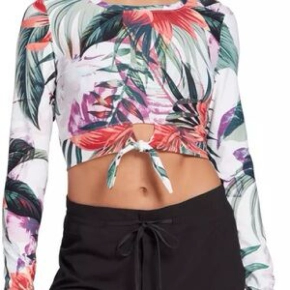 Calia Activewear Floral Tropical Knot Tie Long Sleeve Workout Crop Top